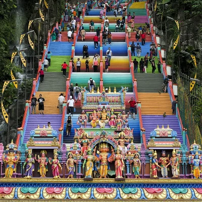 Colorful staircase at Batu Caves temple entrance, a must-see stop on any Batu Caves tour from Kuala Lumpur
