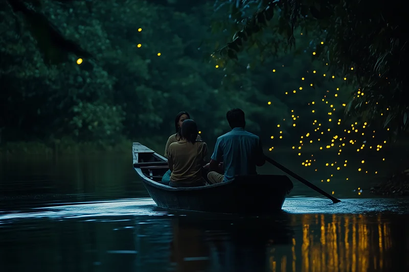 Tourists on a wooden boat gliding along the Selangor River at night, surrounded by glowing fireflies in Kuala Selangor’s mangrove forest.