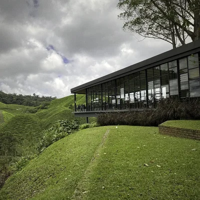 Modern glass café at BOH Tea Centre in Cameron Highlands, a stop on the Cameron Highlands day tour from Kuala Lumpur