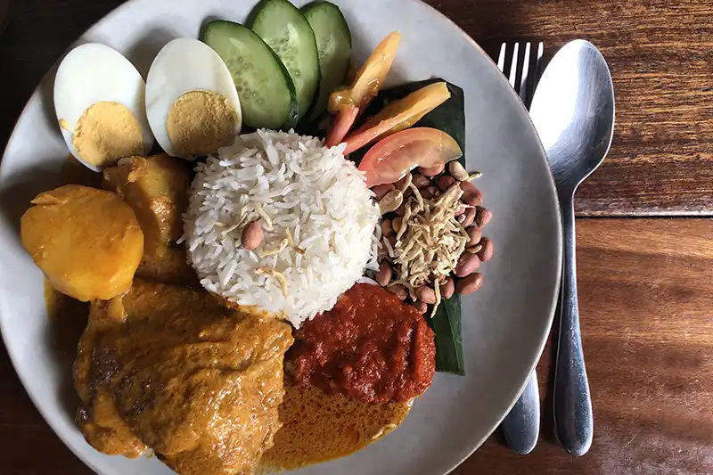 Traditional Malaysian dish nasi lemak served with sambal, curry chicken, egg, and peanuts — a popular recipe in Kuala Lumpur cooking classes.