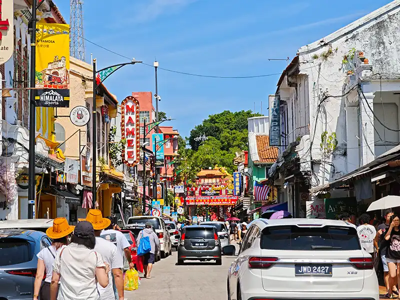 Jonker Street in Malacca’s historic old town lined with traditional shophouses