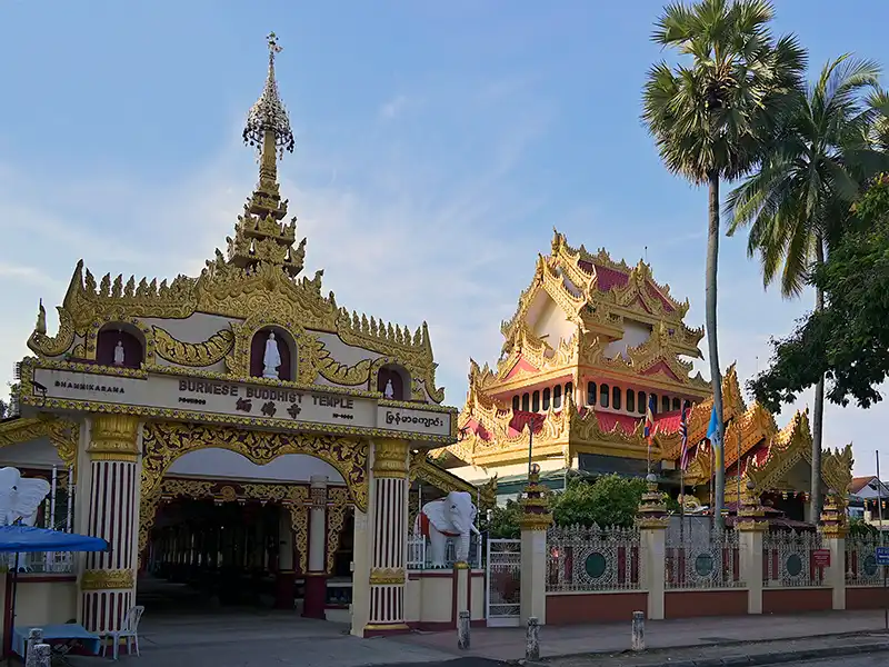 Dharmikarama Burmese Temple in Penang featuring traditional Burmese Buddhist architecture